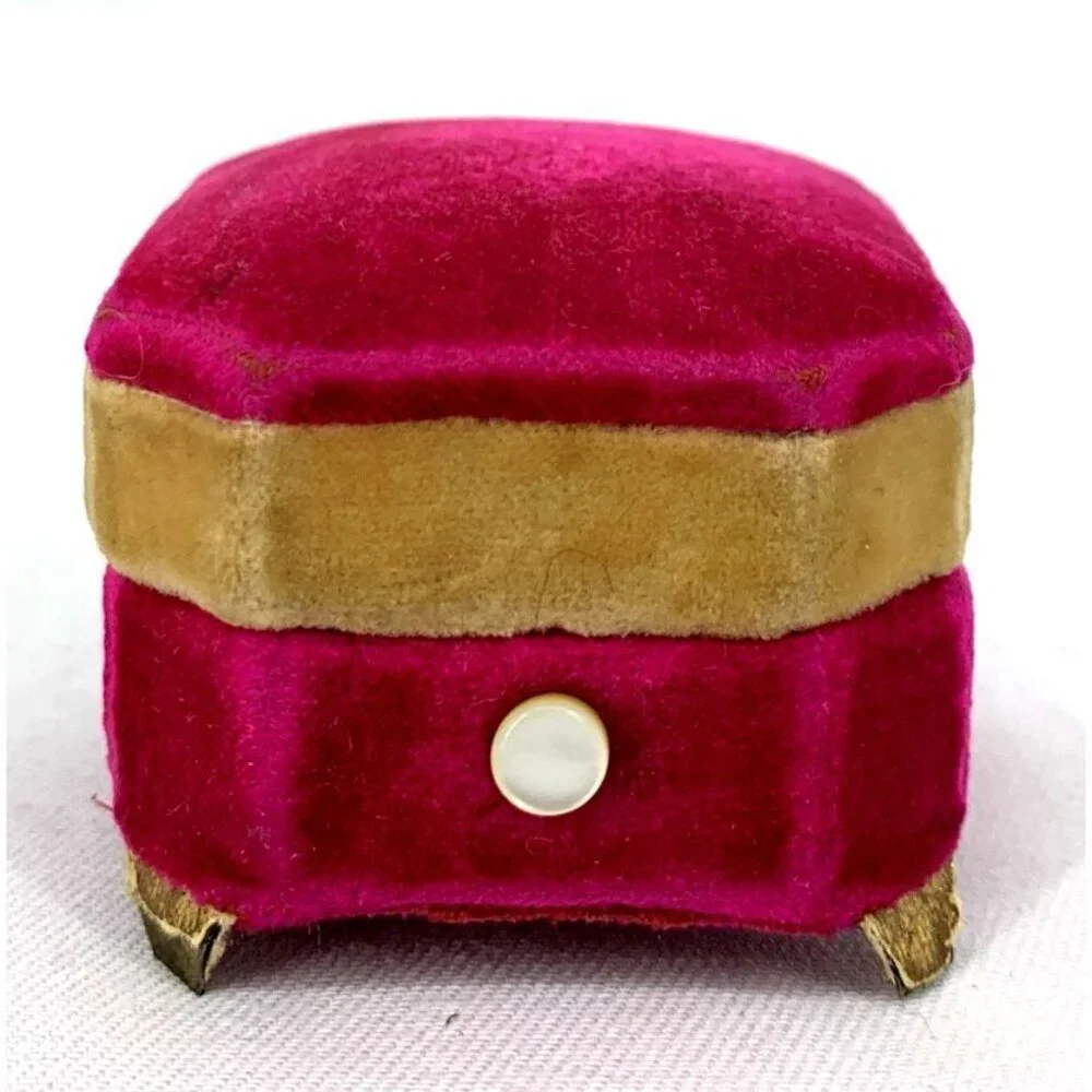 Ring Presentation Jewelry Pink Velvet MOP Push Button Metal Feet Antique 1.5